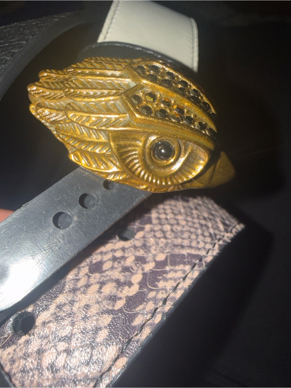 Kurt Geiger Gold eagle Style Buckle Leather Belt Black & off White